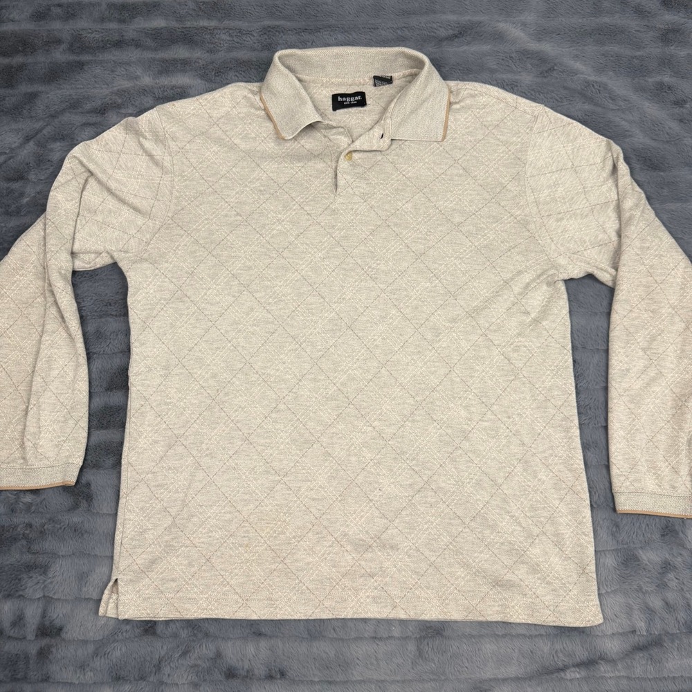 Haggar Mens Medium Long Sleeve Polo Shirt Oatmeal Diamond Grid Knit Pullover